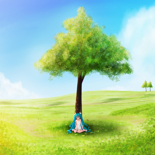 Click for stupendously large version. Hatsune Miku in a field of green.